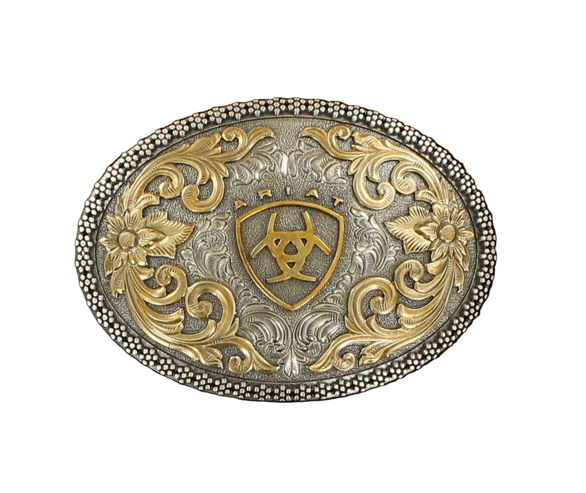 Ariat Oval Beaded Edge Ariat Logo Buckle - Aged Silver/Aged Gold