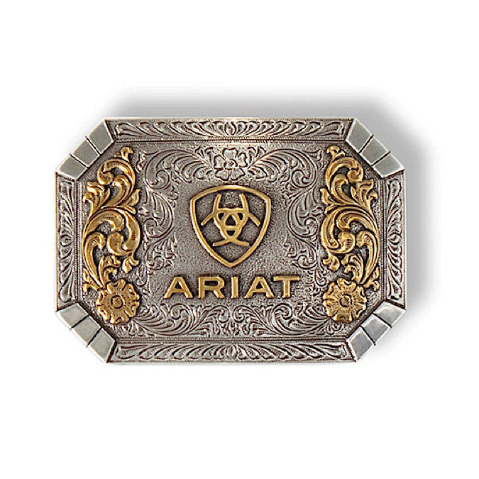 Ariat Rectangle Floral Emblem Buckle - Gold/Antique Silver