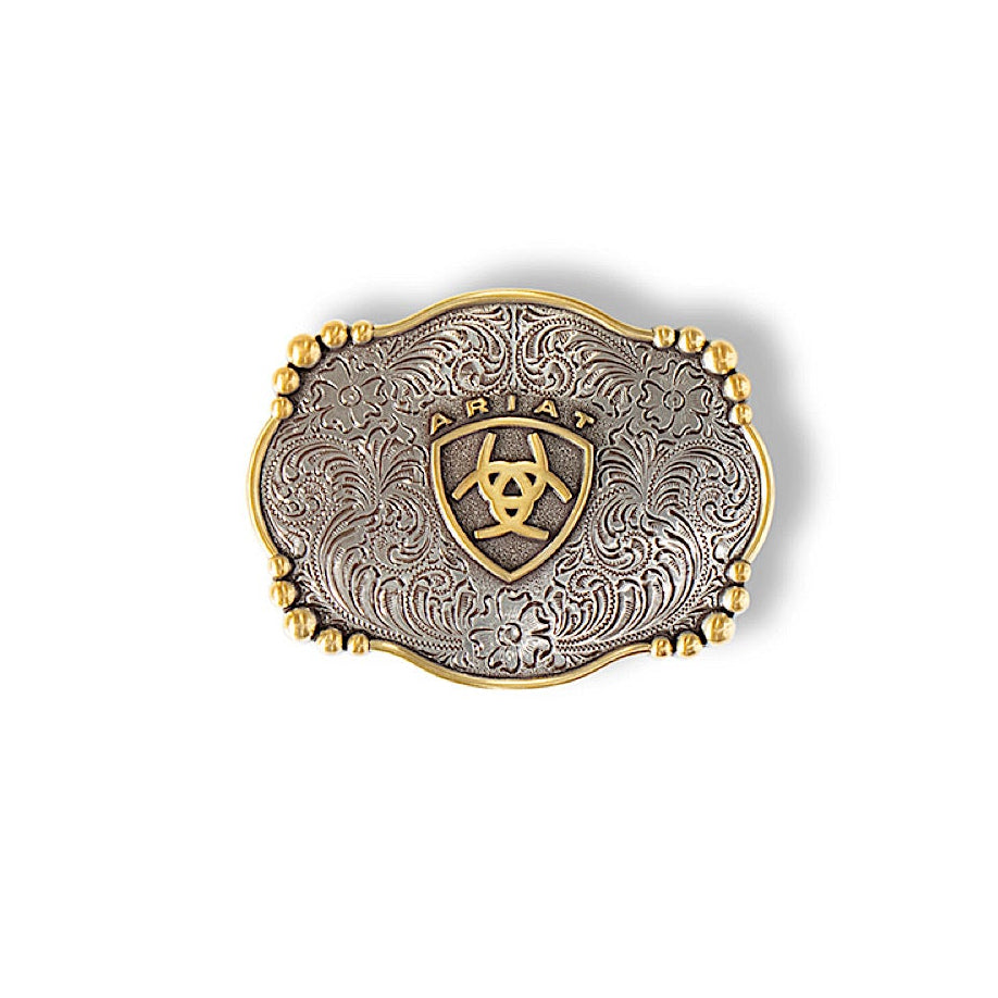 Ariat Rectangle Smooth Edge Floral Buckle - Gold/Antique Silver
