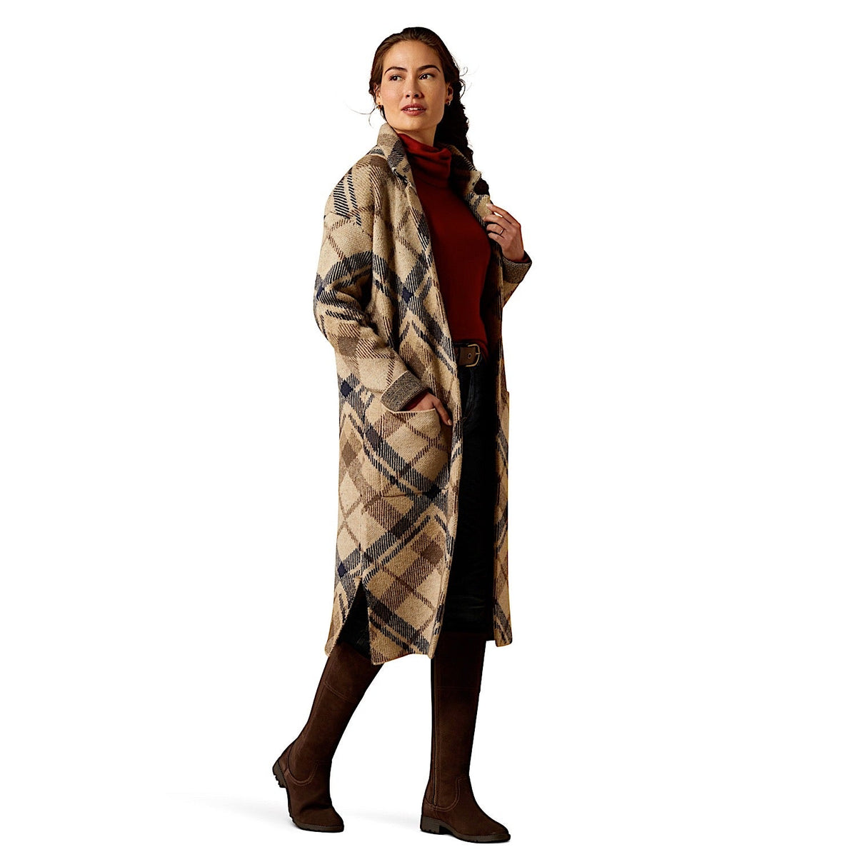 Ariat Women’s Ballston Cardigan - Oatmeal Plaid - S Aus 8-10 - Ariat Womens Tops