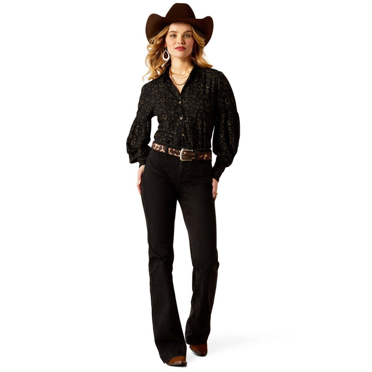 Ariat Women’s Blinged Out Top - Golden Horseshoes Print