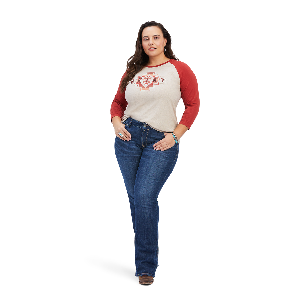 Ariat Women’s Classic 3/4 Sleeve Tee - Oatmeal Heather / Sunrise - Ariat Womens Tops