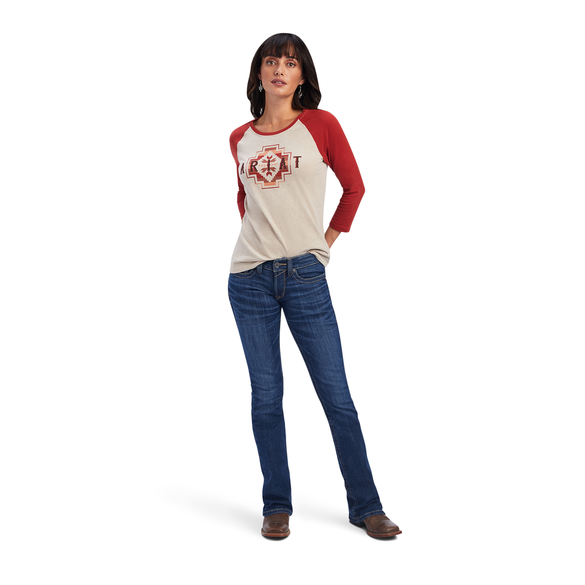 Ariat Women’s Classic 3/4 Sleeve Tee - Oatmeal Heather / Sunrise - Ariat Womens Tops