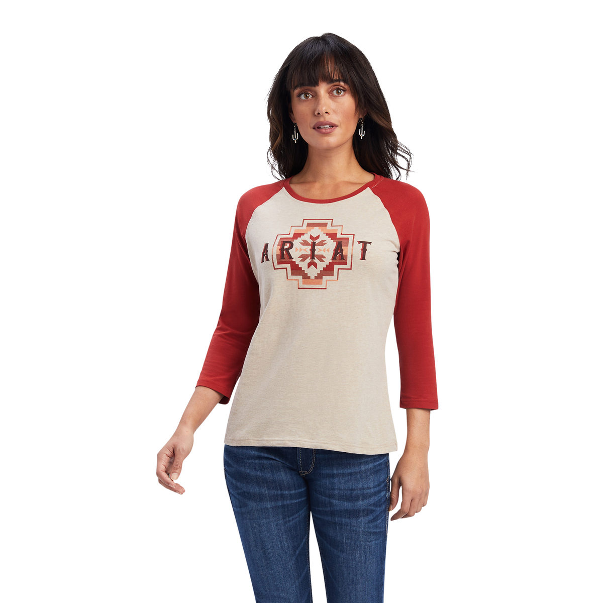 Ariat Women’s Classic 3/4 Sleeve Tee - Oatmeal Heather / Sunrise - XS - Ariat Womens Tops