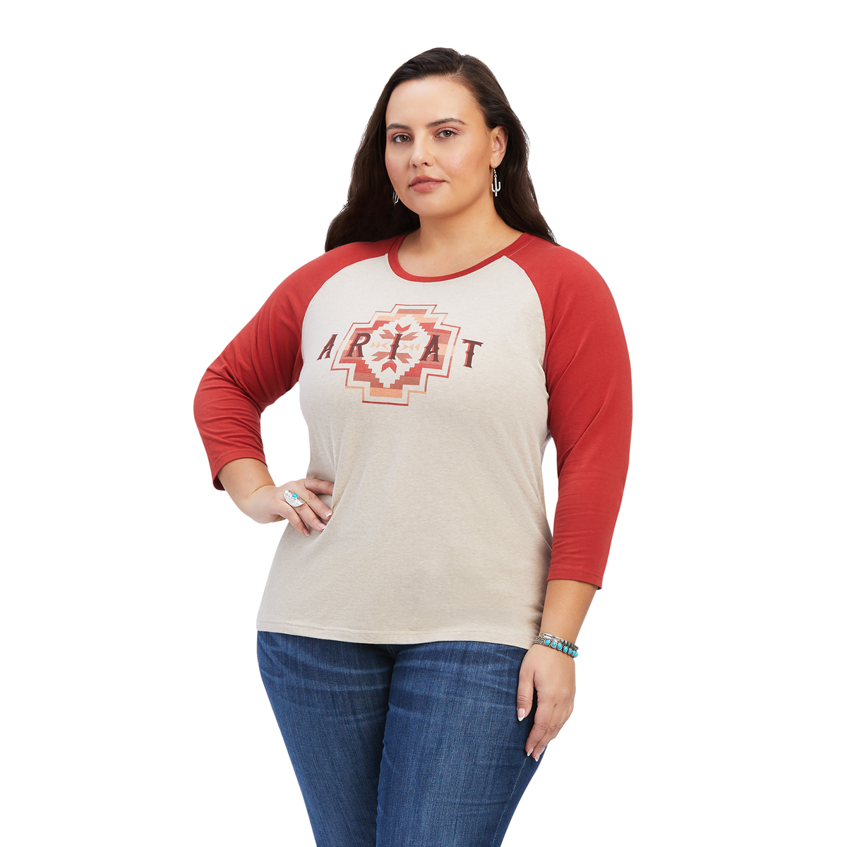 Ariat Women’s Classic 3/4 Sleeve Tee - Oatmeal Heather / Sunrise - Ariat Womens Tops