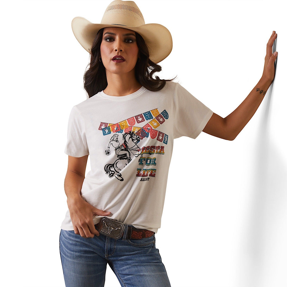 Ariat Womens Fiesta S/S T-Shirt Cloud Dancer - XS Aus 6 - Ariat Womens Tops