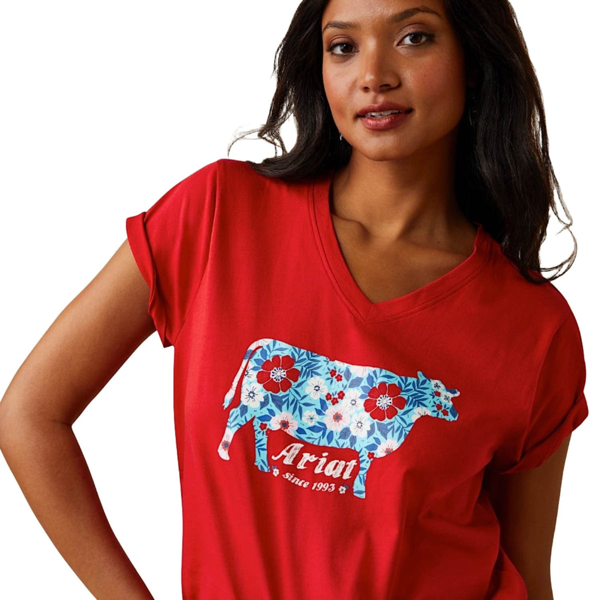 Ariat Womens Flower Cow S/S Tee Equestrian Red - XS Aus 6 - Ariat Womens Tops