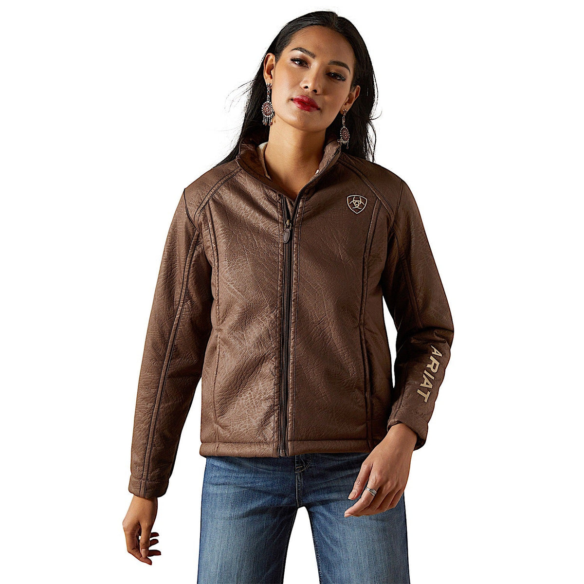 Ariat Womens Logo Softshell Faux Leather Jacket - Brown