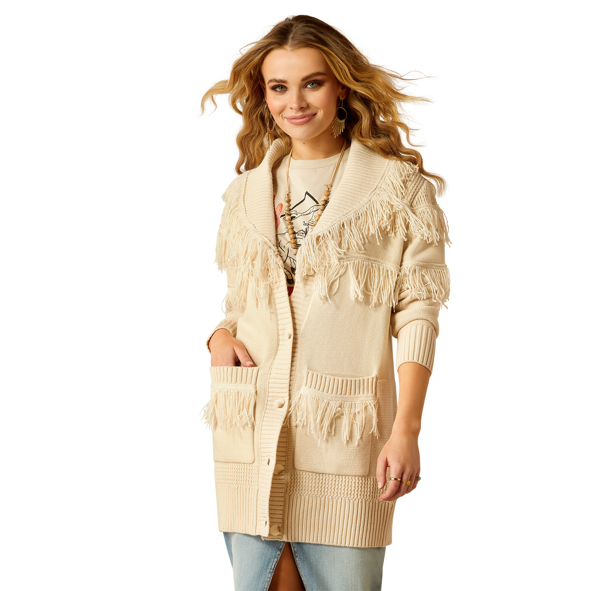 Ariat Women’s Luz Fringe Sweater - Summer Sand - S Aus 8 - Ariat Womens Tops