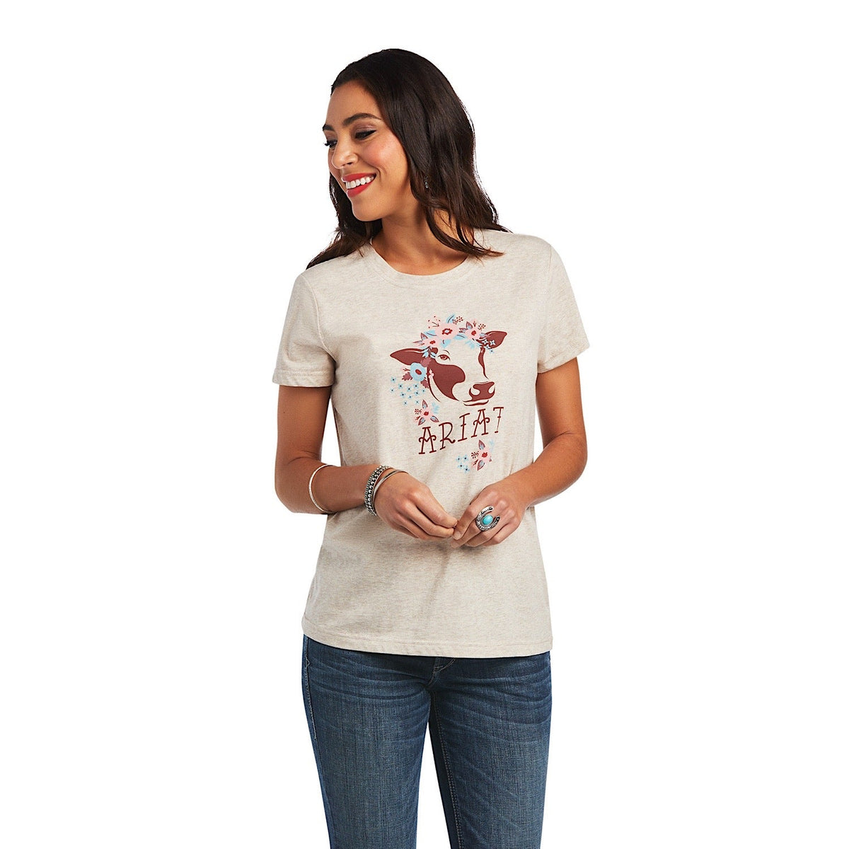 Ariat Womens REAL Moo S/S Tee Wheat Heather-XS AUS 6 - XS AUS 6 - Ariat Womens Tops