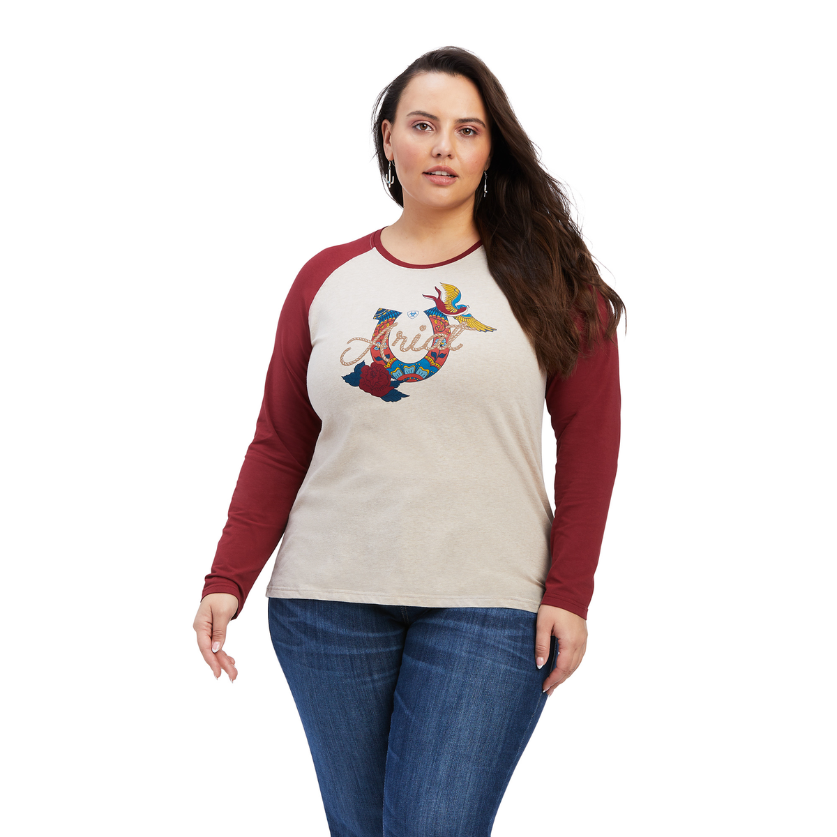Ariat Womens REAL Ropey Rose LS Shirt - Oatmeal Heather/Rouge Red - Ariat Womens Tops