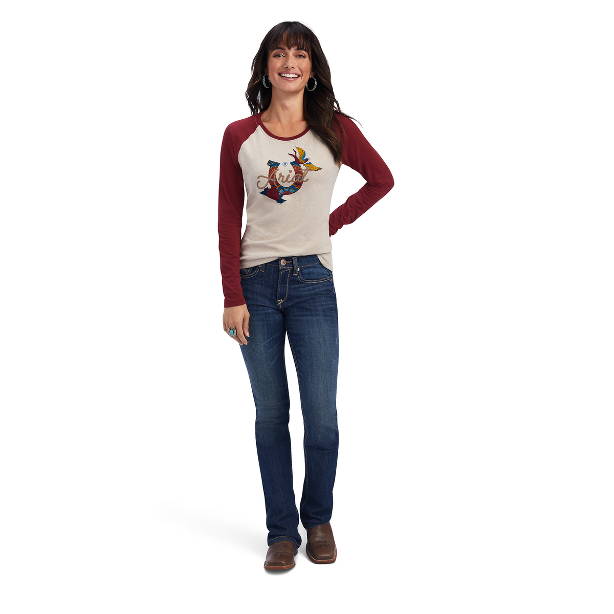 Ariat Womens REAL Ropey Rose LS Shirt - Oatmeal Heather/Rouge Red - Ariat Womens Tops