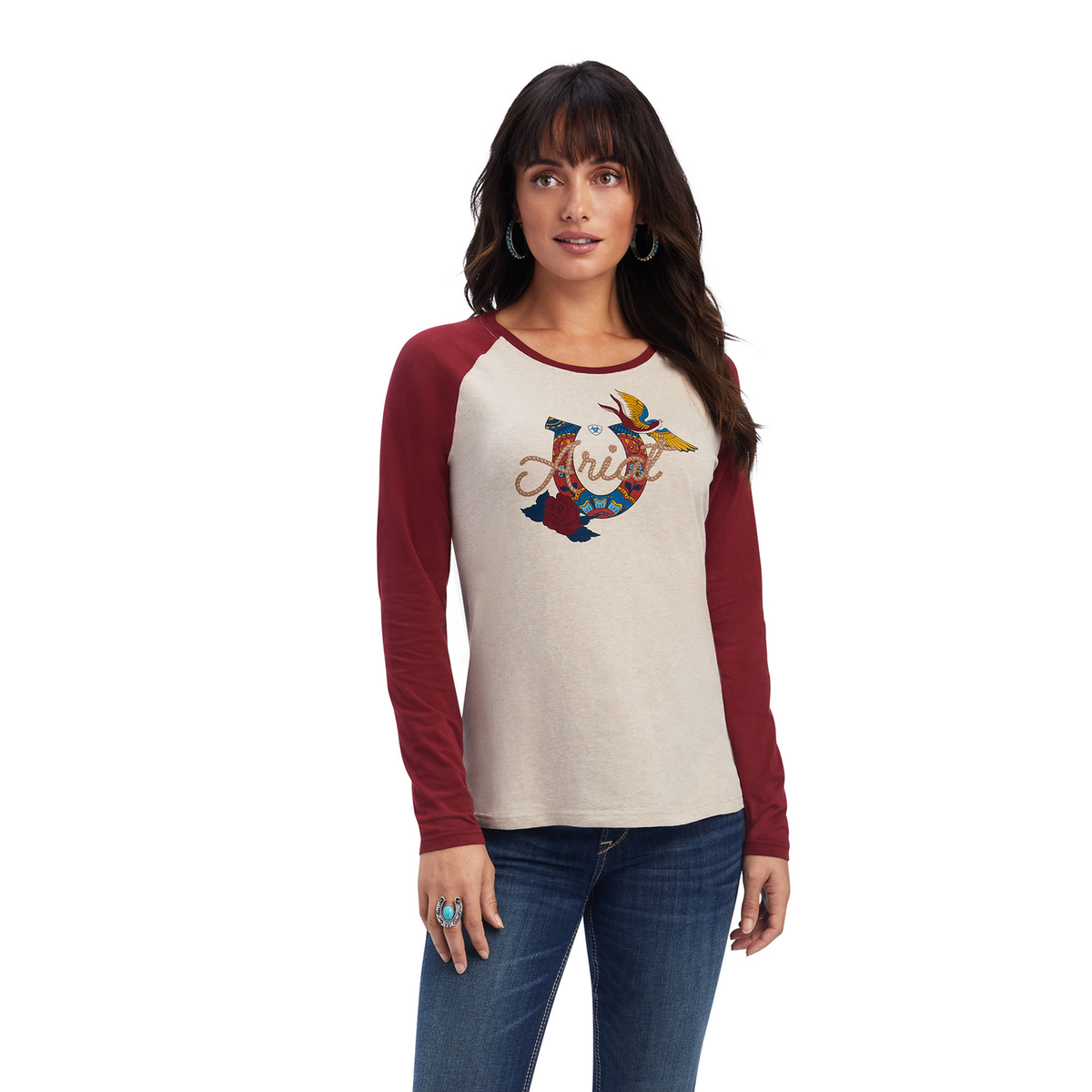 Ariat Womens REAL Ropey Rose LS Shirt - Oatmeal Heather/Rouge Red - XS - Ariat Womens Tops