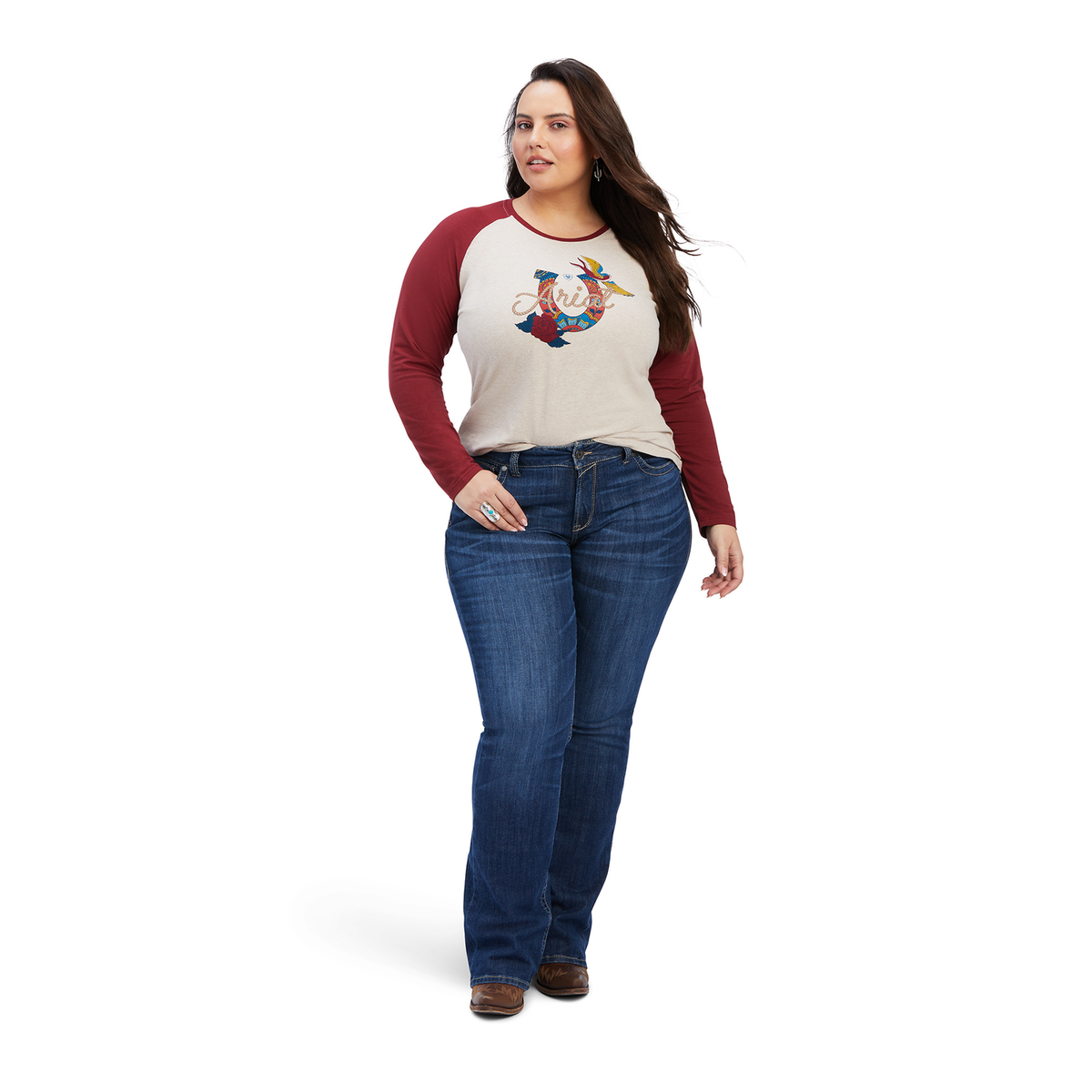 Ariat Womens REAL Ropey Rose LS Shirt - Oatmeal Heather/Rouge Red - Ariat Womens Tops