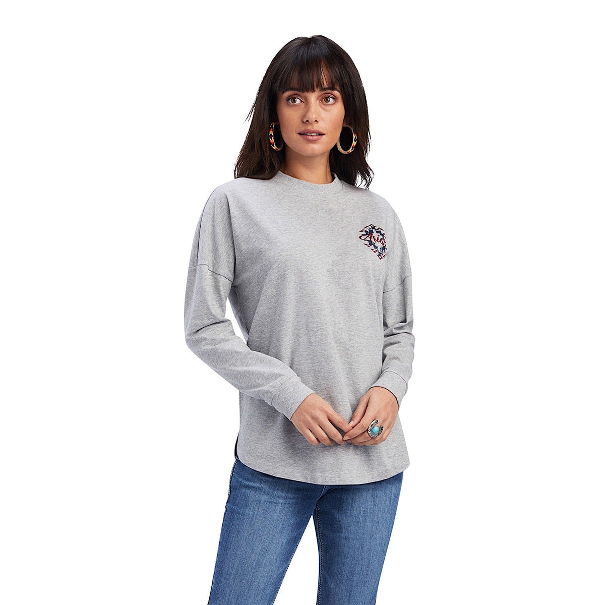 Ariat Womens REAL Southwest Oversized Graphic L/S Top Heather Grey - XS - Ariat Womens Tops