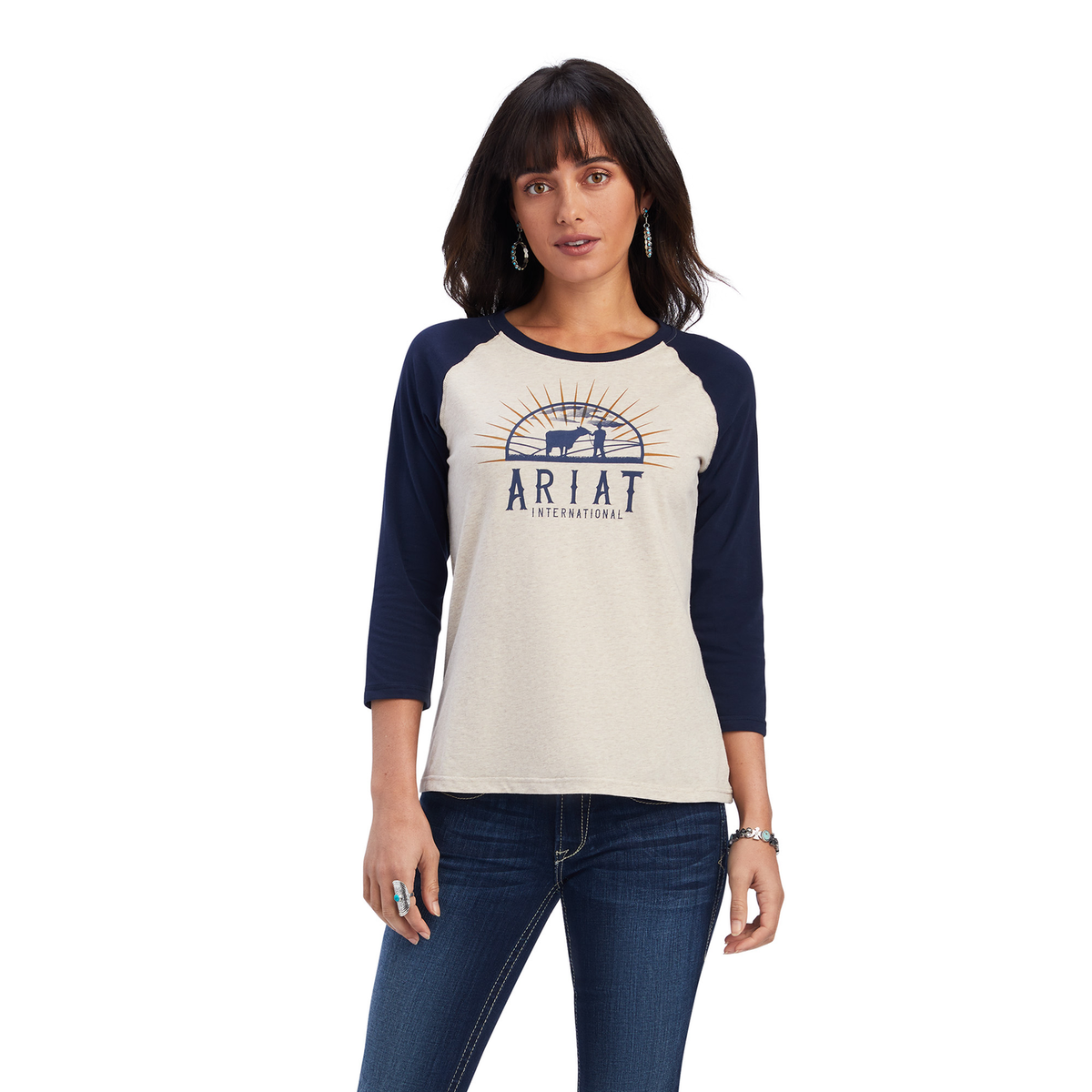 Ariat Womens REAL Sunrise Classic 3/4 Sleeve Shirt - Wheat Heather - XS - Ariat Womens Tops