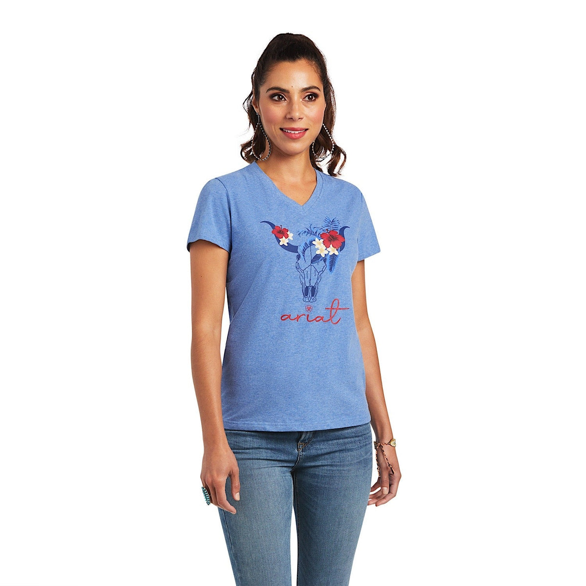Ariat Womens REAL Tropic Steerhead S/S Tee Reykjavik Blue - XS AUS 6 - Ariat Womens Tops