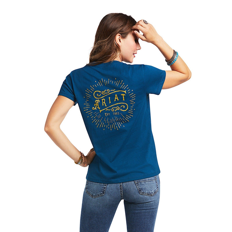 ARIAT Womens REAL Vintage Sunburst Tee Blue Opal - Ariat Womens Tops