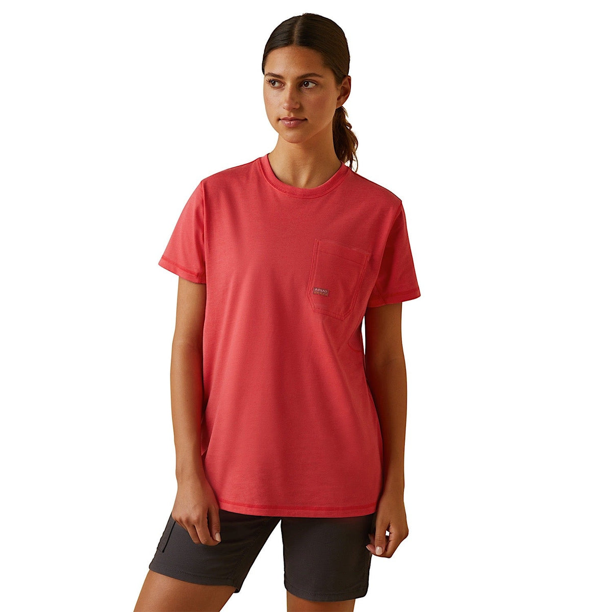 Ariat Womens Rebar Workman Graphic Ariat Logo S/S T-Shirt Teaberry - XS Aus 6 - Ariat Womens Tops
