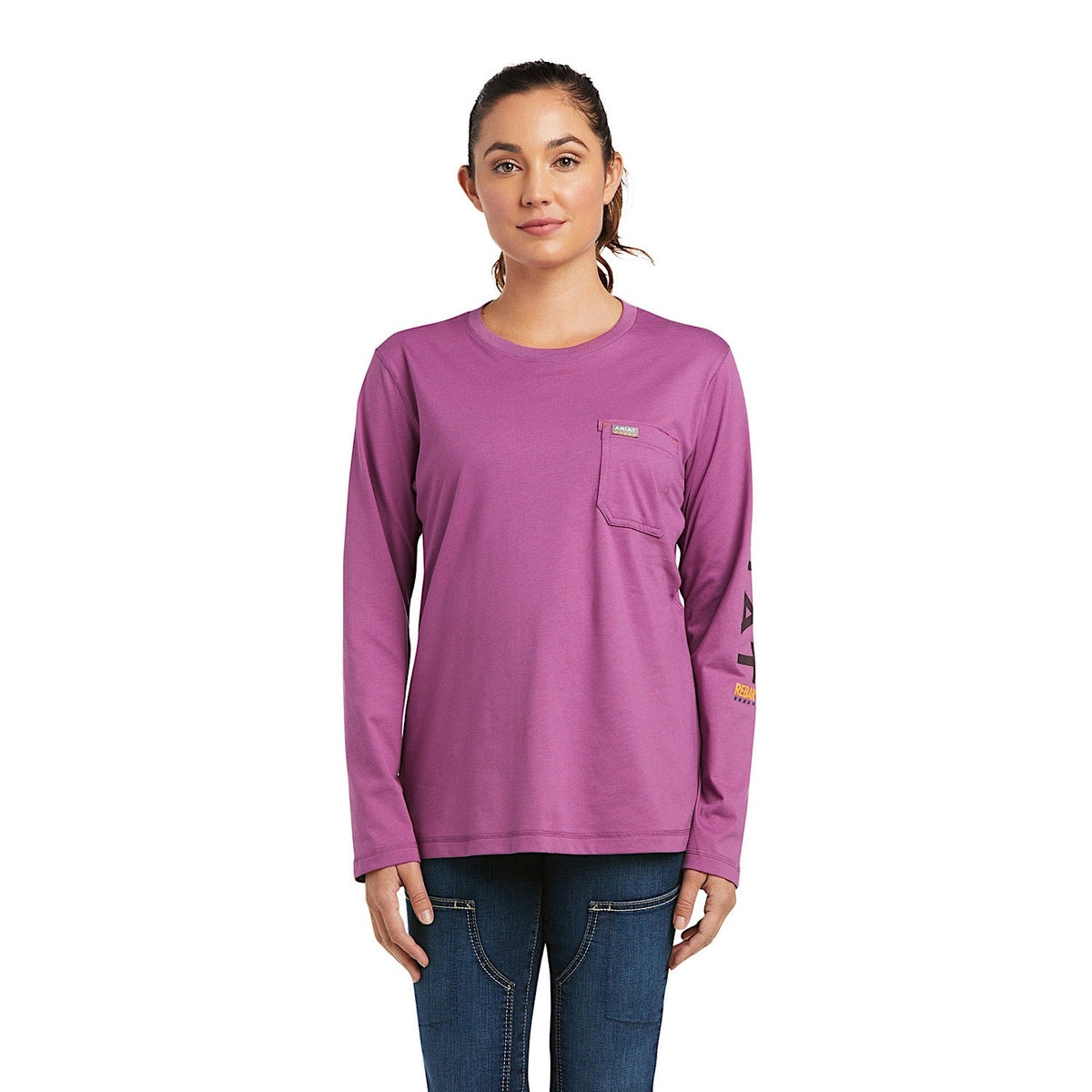 Ariat Womens Rebar Workman Logo LS T-Shirt Amethyst Blue/Purple Potion - S Aus 8 - Ariat Womens Tops