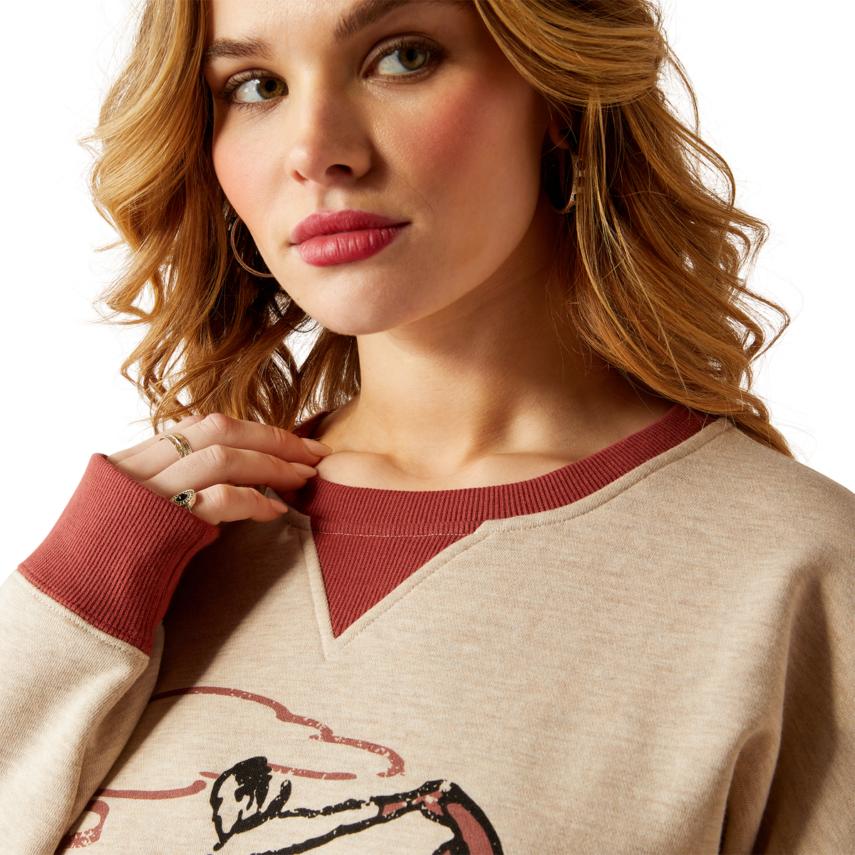 Ariat Women’s Roughstock Oversized Crew Sweatshirt - Oatmeal Heather/Marsala - Ariat Womens Tops
