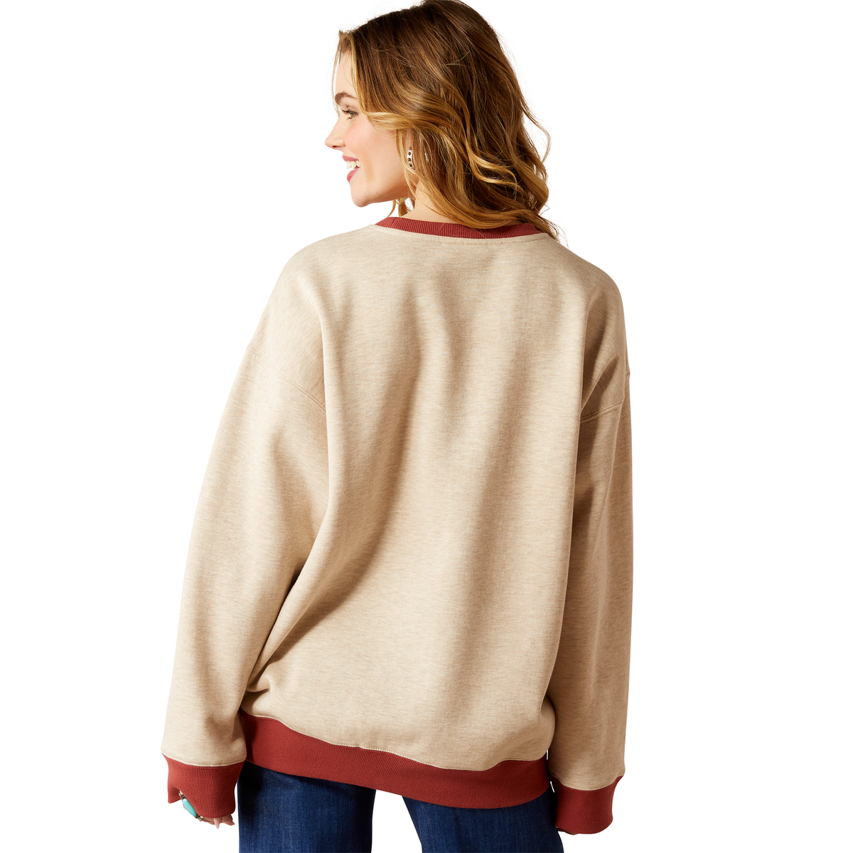 Ariat Women’s Roughstock Oversized Crew Sweatshirt - Oatmeal Heather/Marsala - Ariat Womens Tops