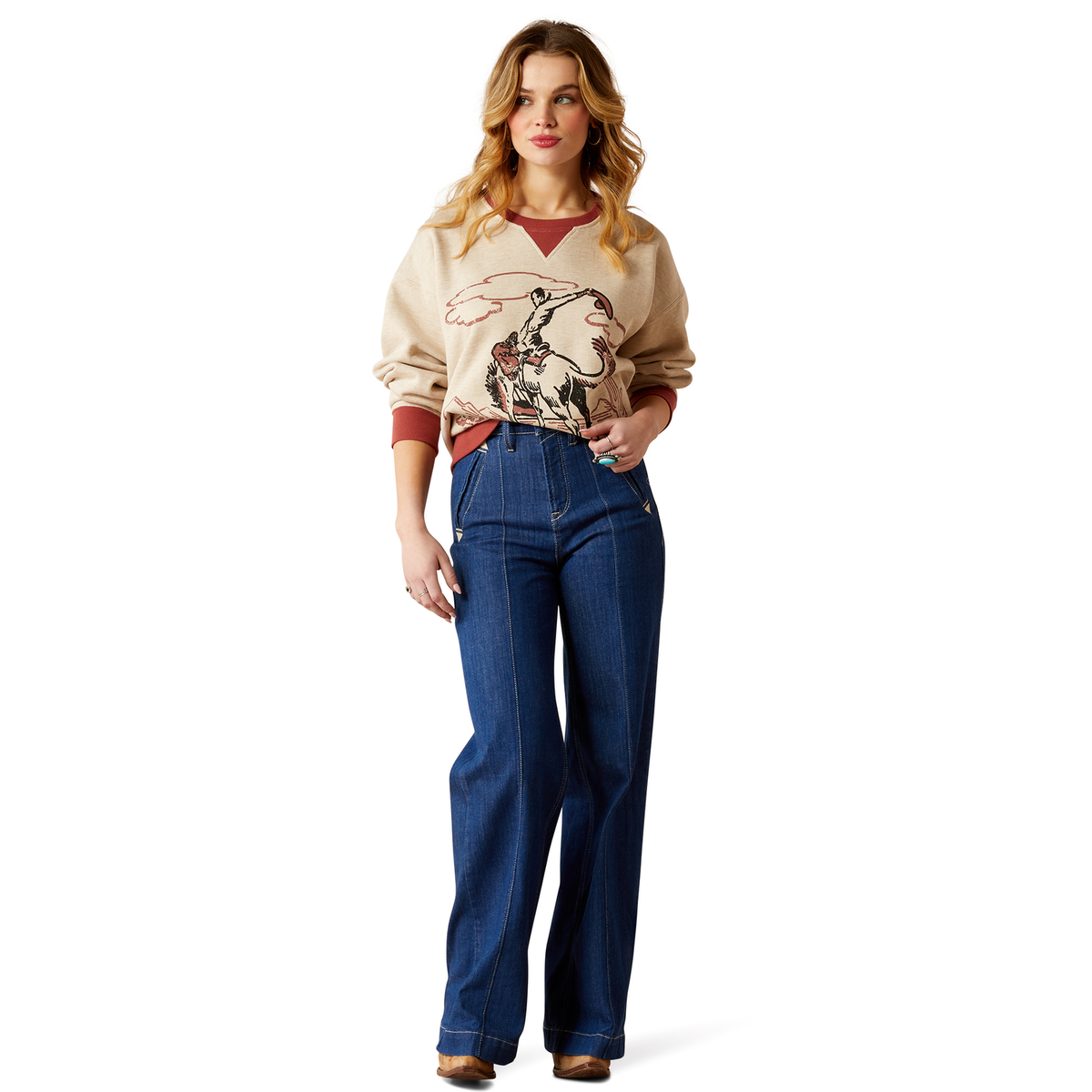 Ariat Women’s Roughstock Oversized Crew Sweatshirt - Oatmeal Heather/Marsala - Ariat Womens Tops