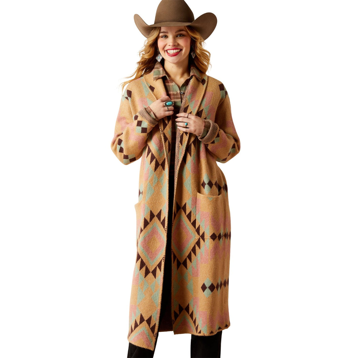 Ariat Women’s Sunset Chic Blanket Coat - Spark Geo Jacquard - S Aus 8-10 - Ariat Womens Tops