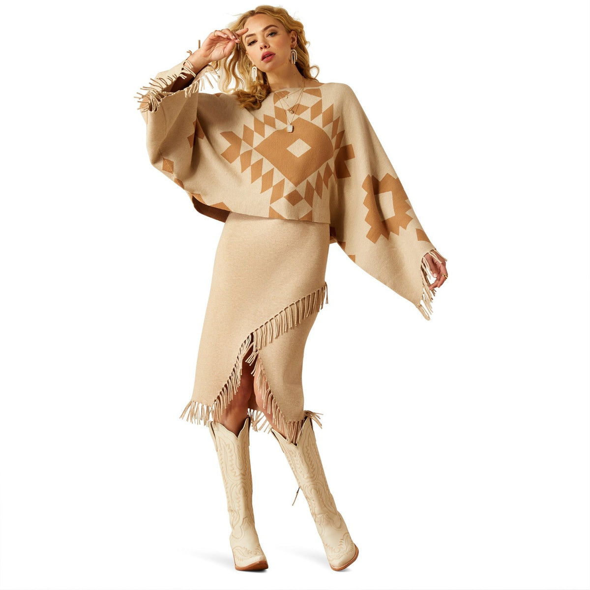 Ariat Women’s Sunset Chic Sweater Poncho - Oatmeal / Tannin - Ariat Womens Tops