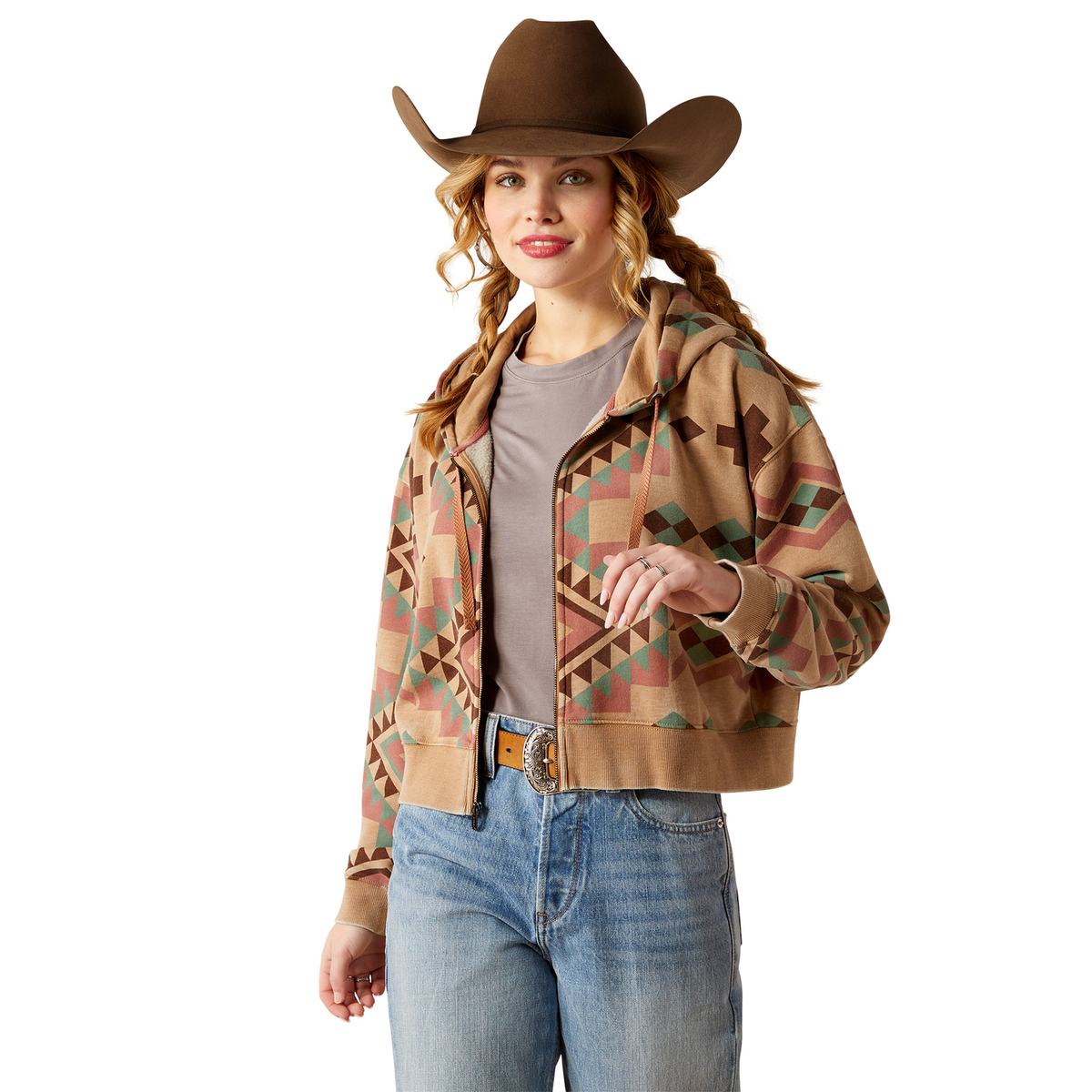 Ariat Women’s Sunset Crop Hoodie - Spark Geo Jacquard - XS Aus 6 - Ariat Womens Tops