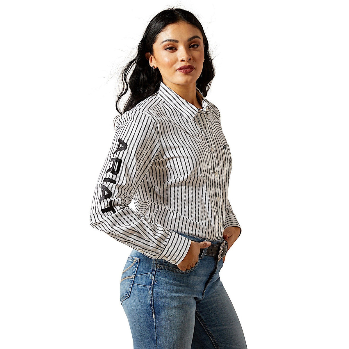 Ariat Womens Team Kirby Stretch Shirt - Black/White Triangle Stripe