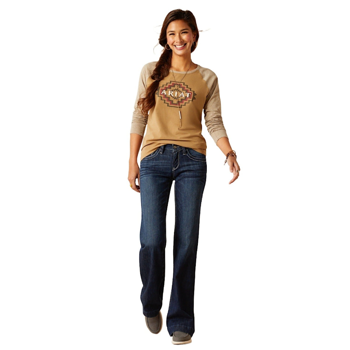 Ariat Womens Tucson Baseball L/S Tee Petrified Oak - Ariat Womens Tops