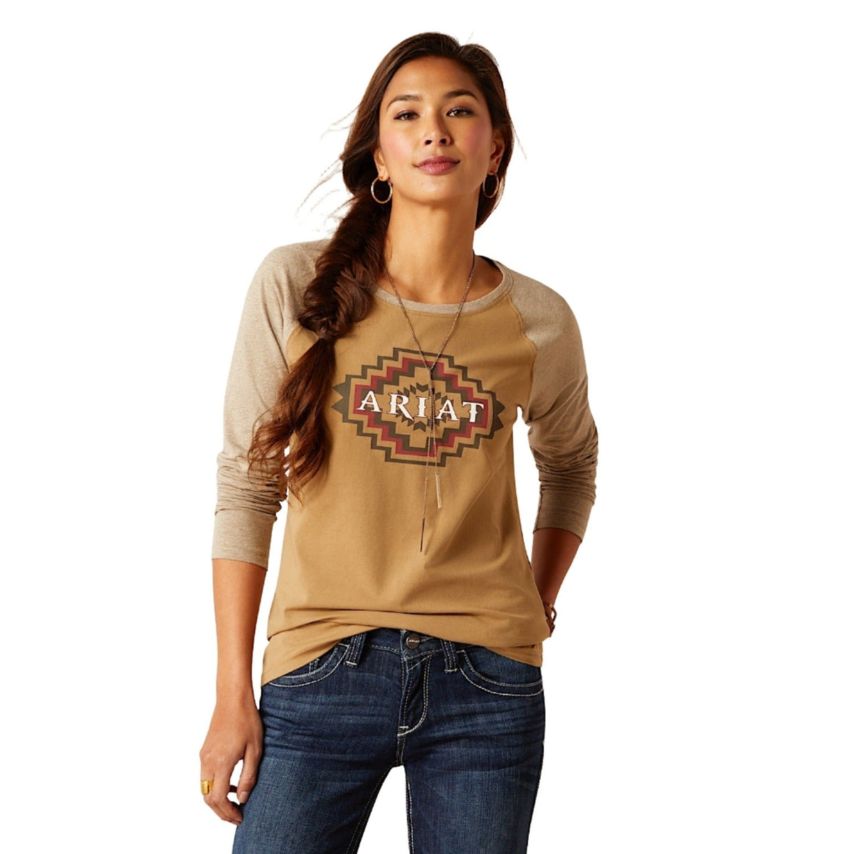 Ariat Womens Tucson Baseball L/S Tee Petrified Oak - S Aus 8 - Ariat Womens Tops