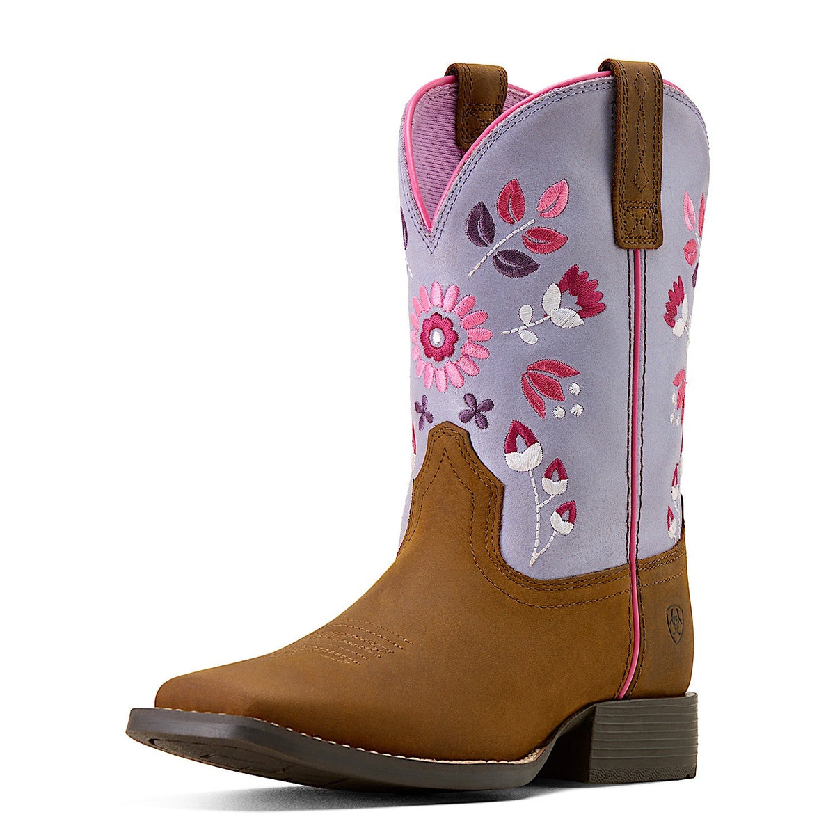 Ariat Youth Wild Bloom Wide Square Toe Western Boot - Distressed Brown/Mystic Lavender