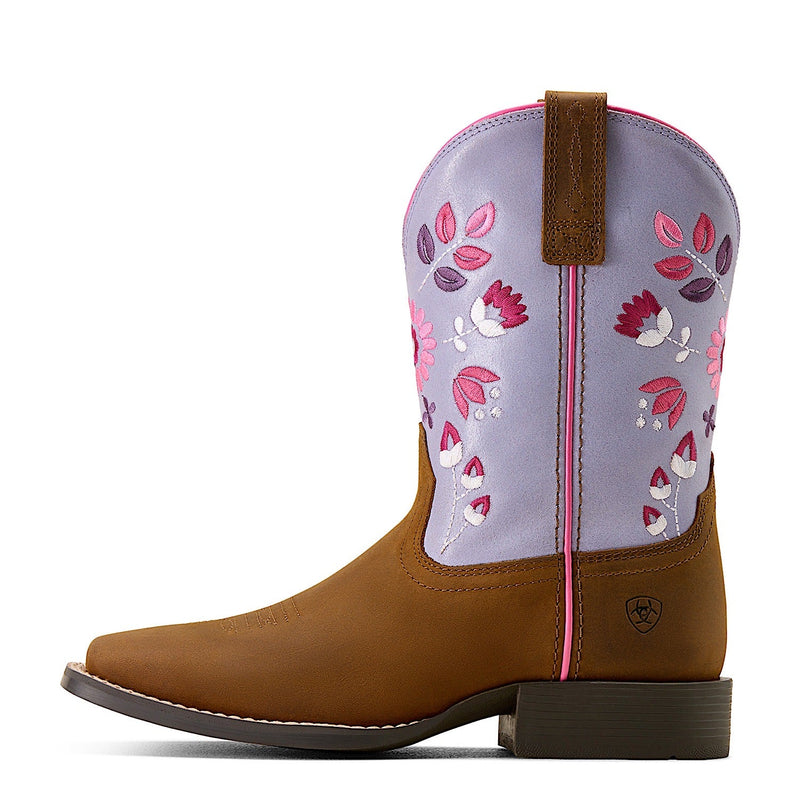 Ariat Youth Wild Bloom Wide Square Toe Western Boot - Distressed Brown/Mystic Lavender