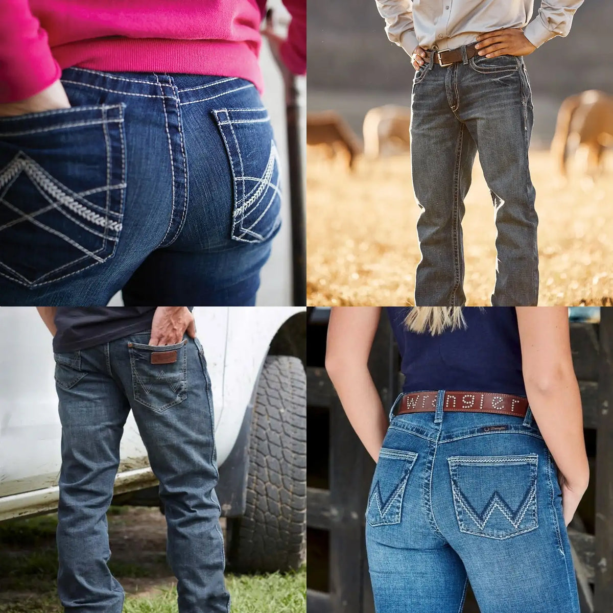 Blue denim jeans with white stitching and a distinctive w-shaped back pocket design, featuring the wrangler brand name on the belt loop.