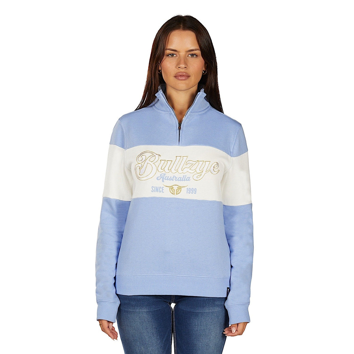 Bullzye Women’s Kai 1/4 Zip Pullover - Light Blue/Cream
