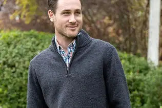 Dark gray textured knit sweater with a quarter-zip collar.