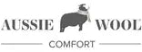The image displays a black and white logo for an australian wool product, featuring the text ’aussie wool’ above three stylized sheep silhouettes.