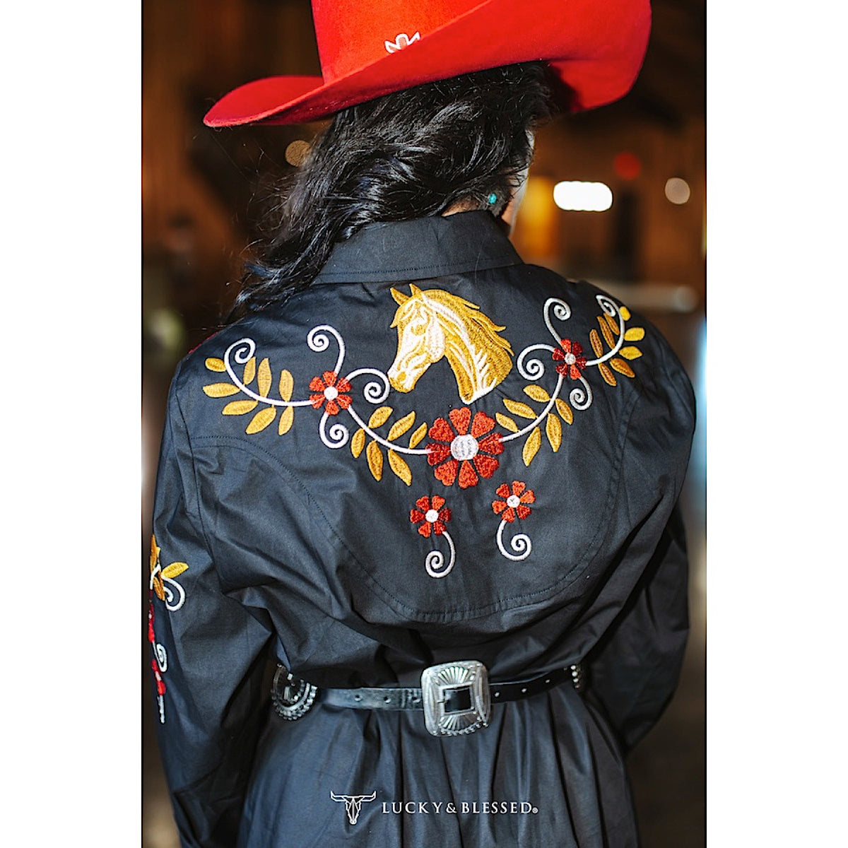 Lucky & Blessed Women's Embroidered Pearl Snap Long Sleeve Dress - Black Western Floral Horse