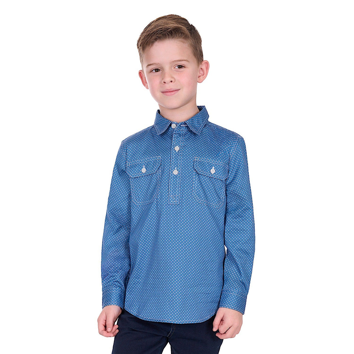 Hard Slog Boy’s Holden 1/2 Placket Shirt - Navy/Blue