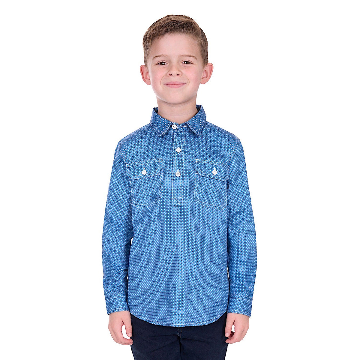 Hard Slog Boy’s Holden 1/2 Placket Shirt - Navy/Blue