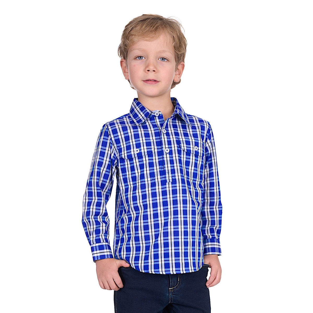 Hard Slog Kid’s Levers Half Placket Long Sleeve Shirt - Royal/White
