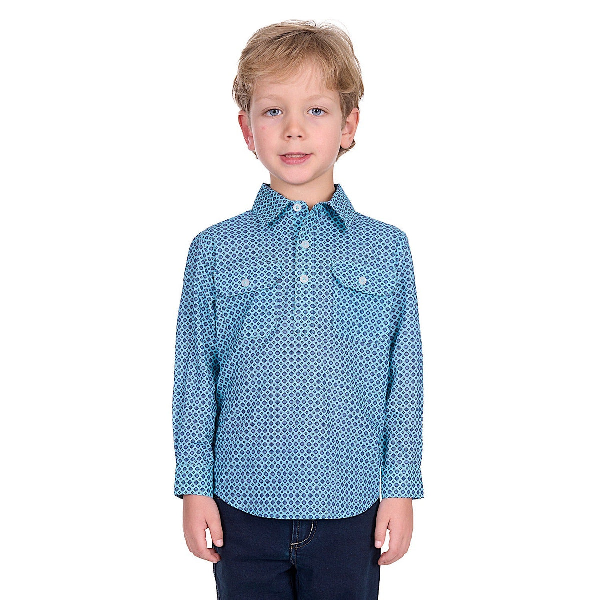 Hard Slog Kid’s Lygon Half Placket Long Sleeve Shirt - Blue/Navy