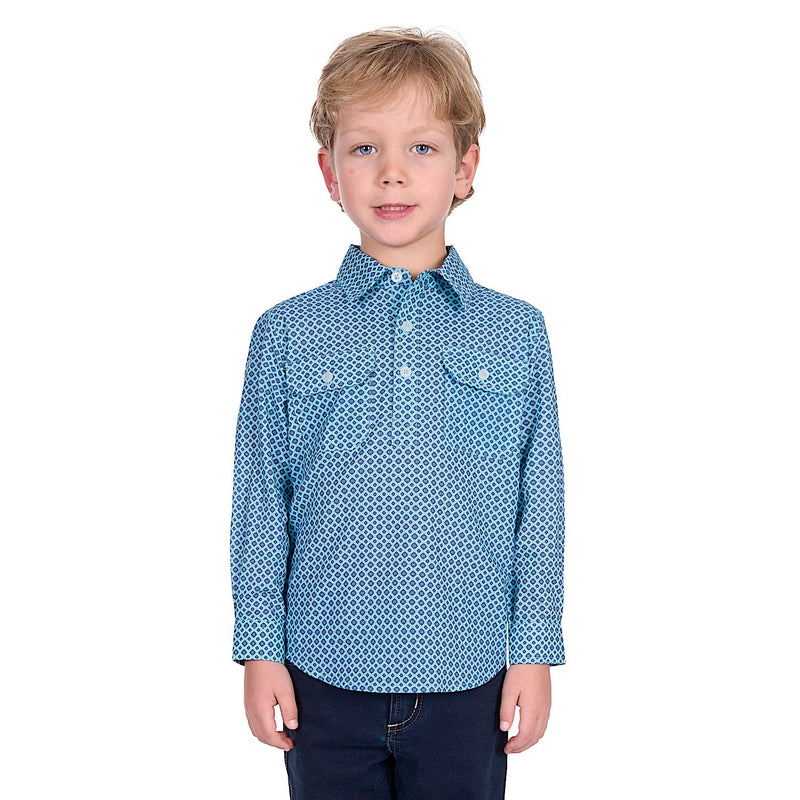 Hard Slog Kid’s Lygon Half Placket Long Sleeve Shirt - Blue/Navy