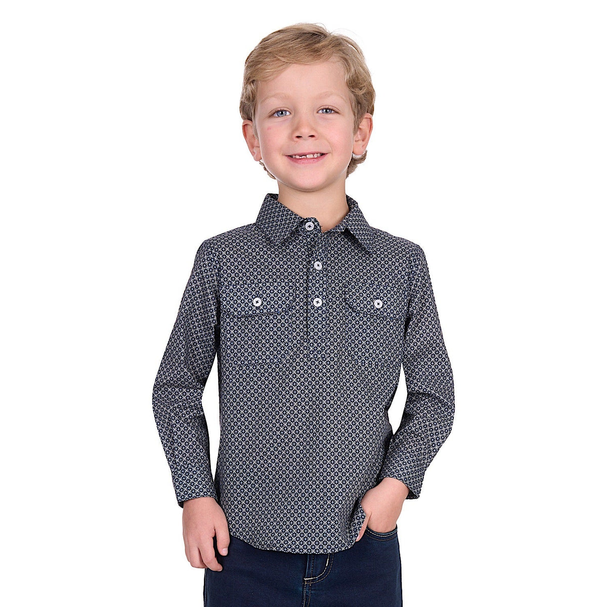 Hard Slog Kid’s Tomson Half Placket Long Sleeve Shirt - Navy/Tan