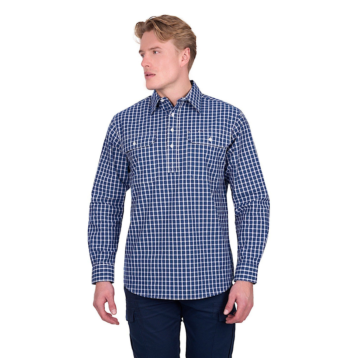 Hard Slog Men’s Alden 1/2 Placket Shirt - Navy/White