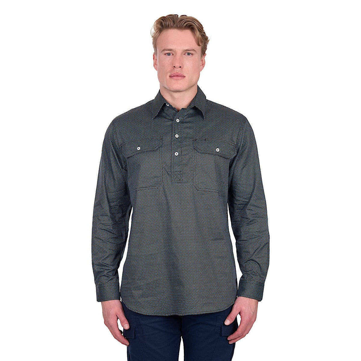 Hard Slog Men’s Blake 1/2 Placket Shirt - Black/Blue