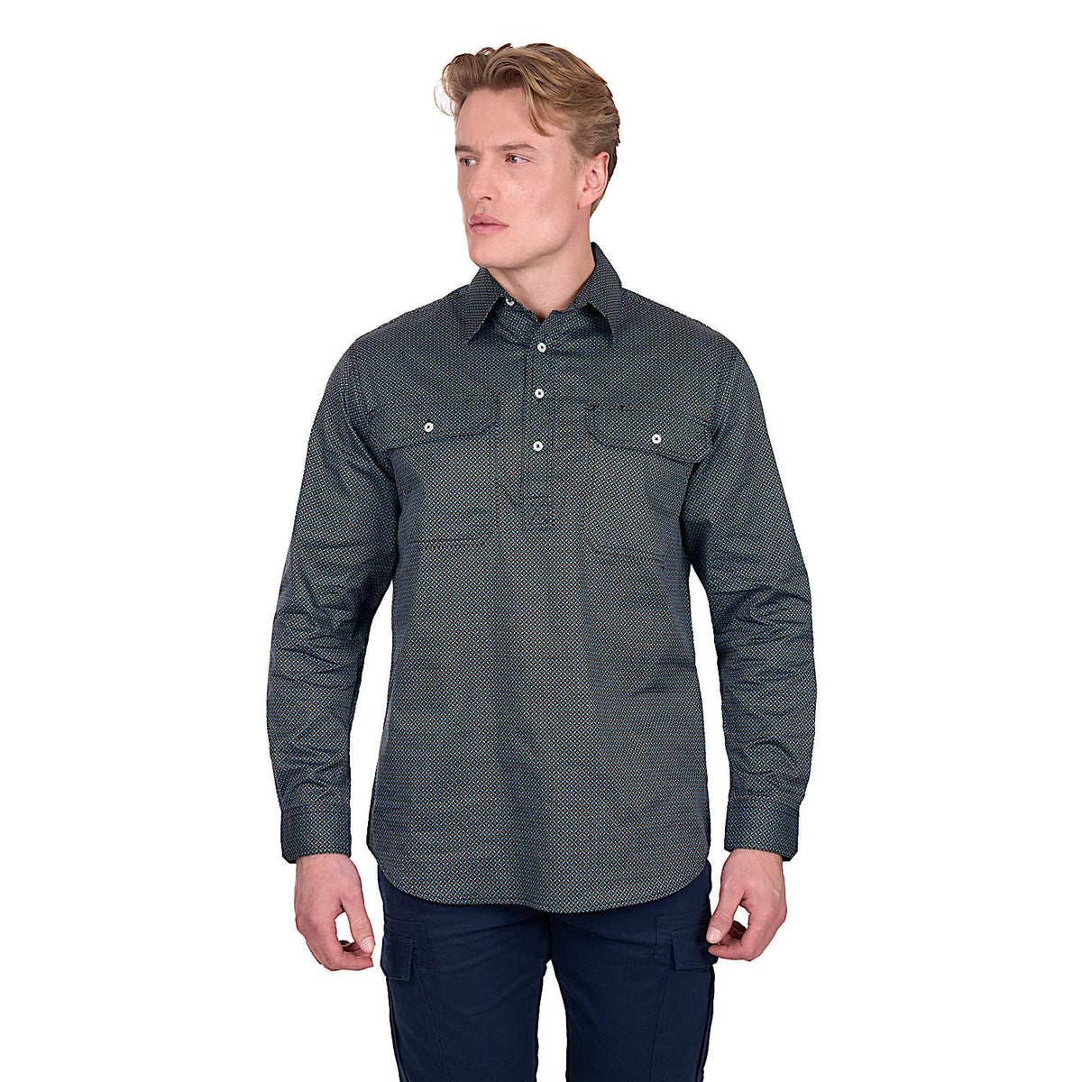 Hard Slog Men’s Blake 1/2 Placket Shirt - Black/Blue
