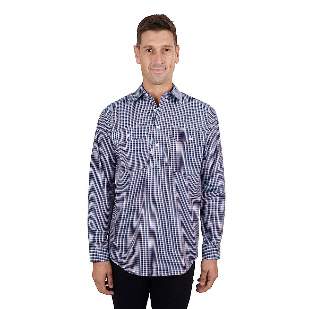 Hard Slog Men’s Bobbie Half Placket Shirt - Navy/Tan